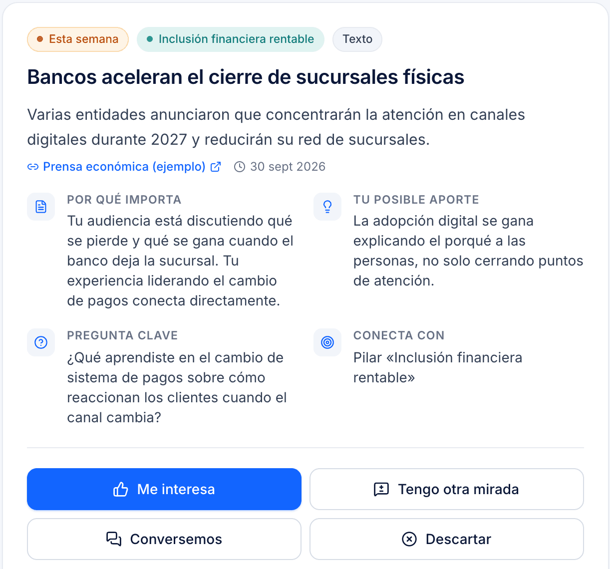 Oportunidad del Radar de LinkedC sobre el cierre de sucursales bancarias, con por qué importa y la pregunta clave.